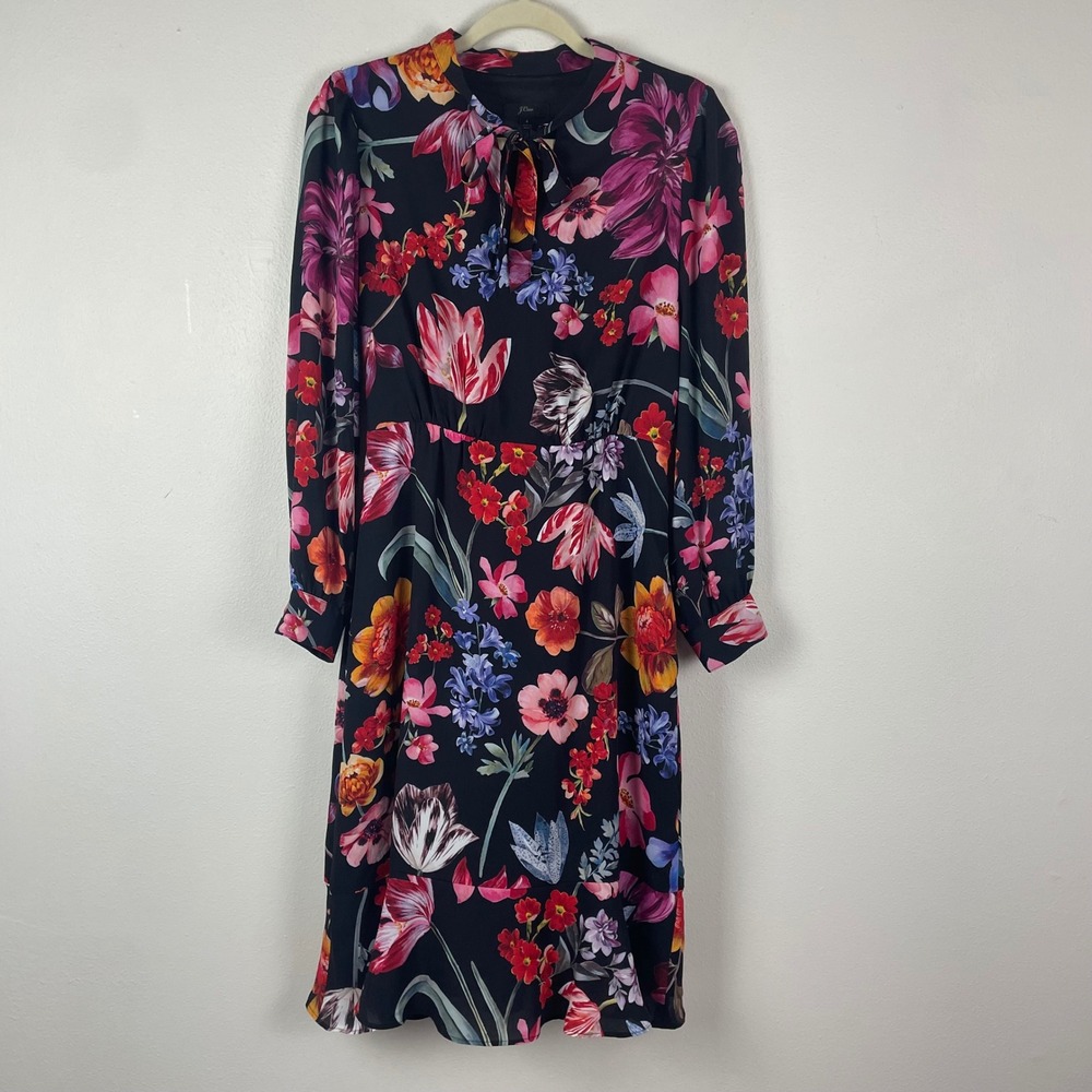 J. Crew Floral Midi Dress‎ Long Sleeve Women's Size 4 Tie Waist Midnight Dutch